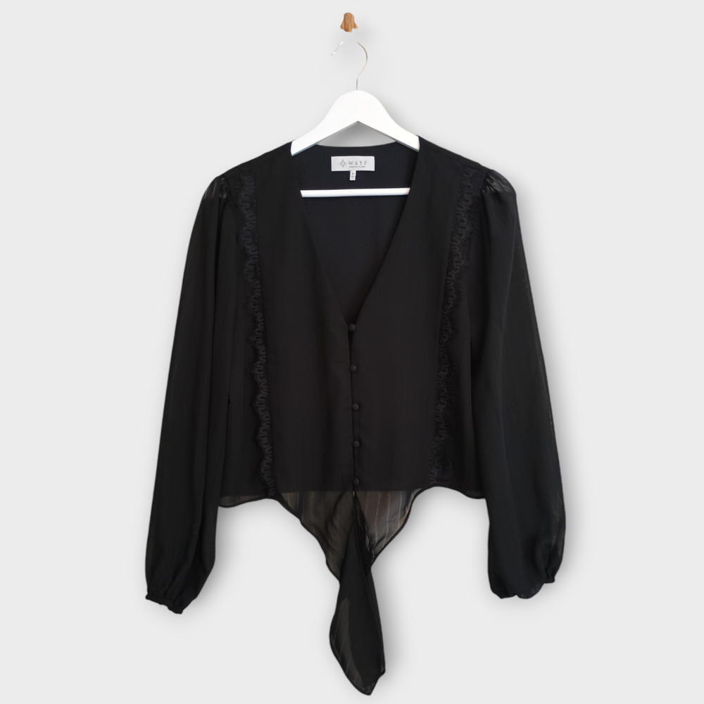Wayf Blouse Women Small Black Chiffon Whimsy Goth Witchcore Tie Front Cropped